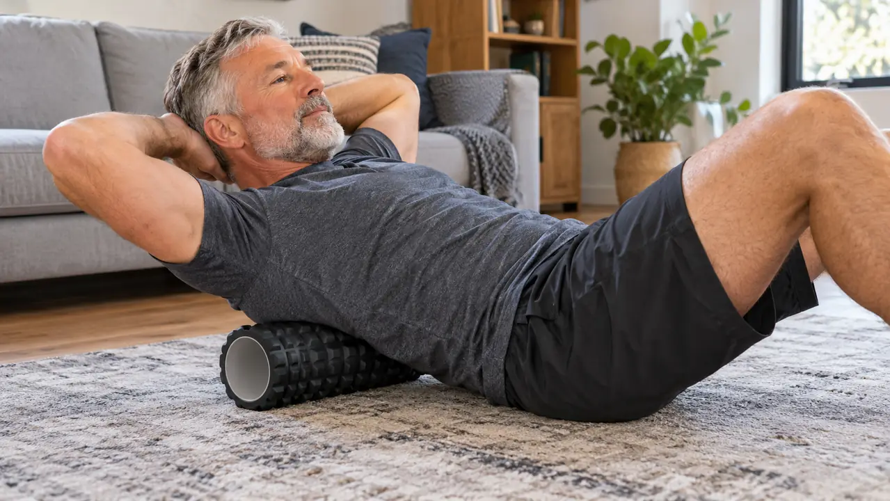 A man in his sixties using a foam roller on his upper back on a living room rug, hands behind his head