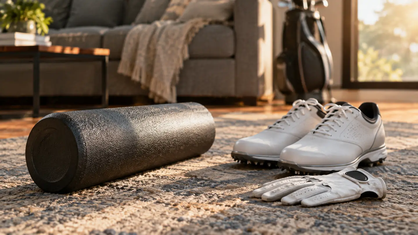 A foam roller resting on a living room rug beside a pair of golf shoes and a golf glove