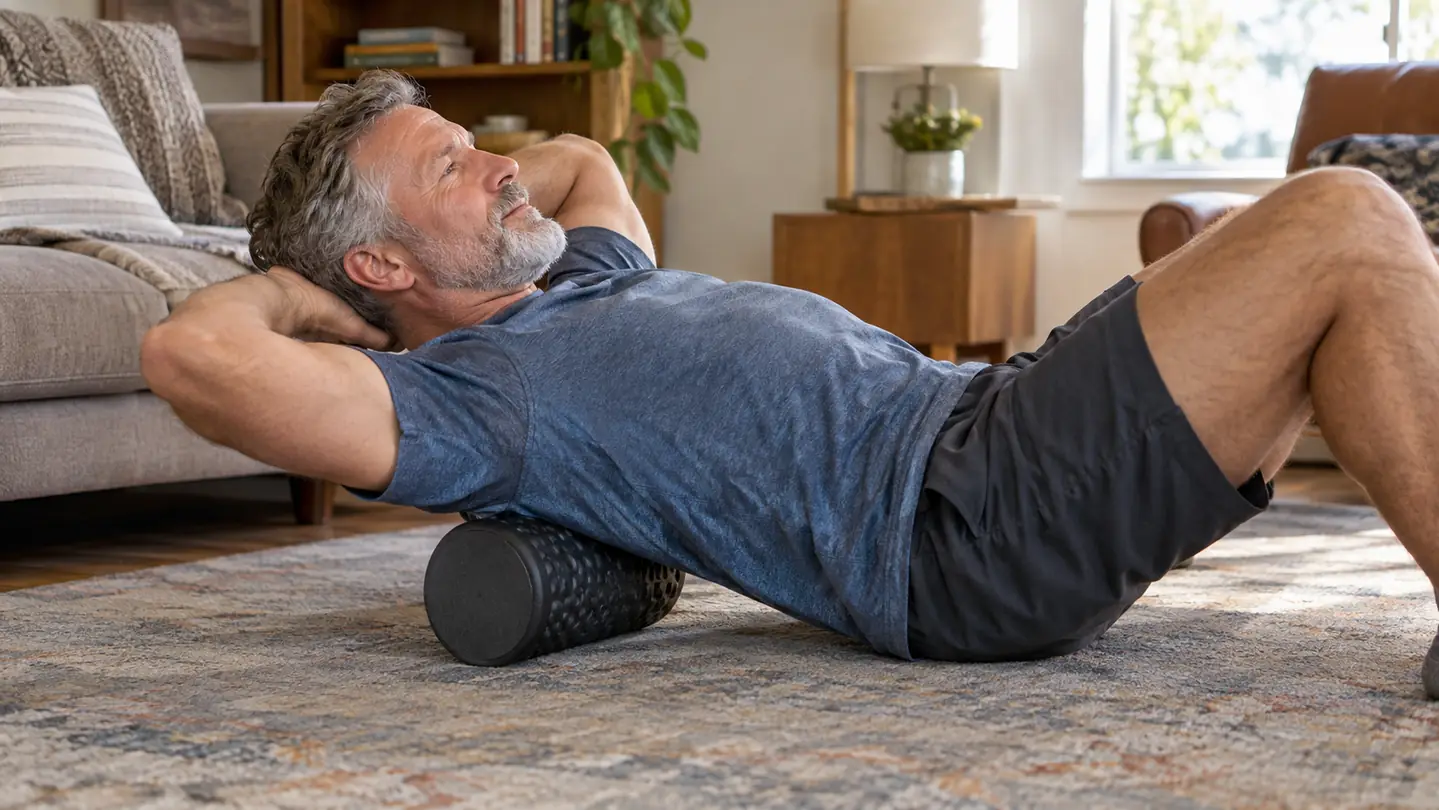A man in his sixties sitting on a living room rug with a foam roller under his upper back, hands lightly supporting his head