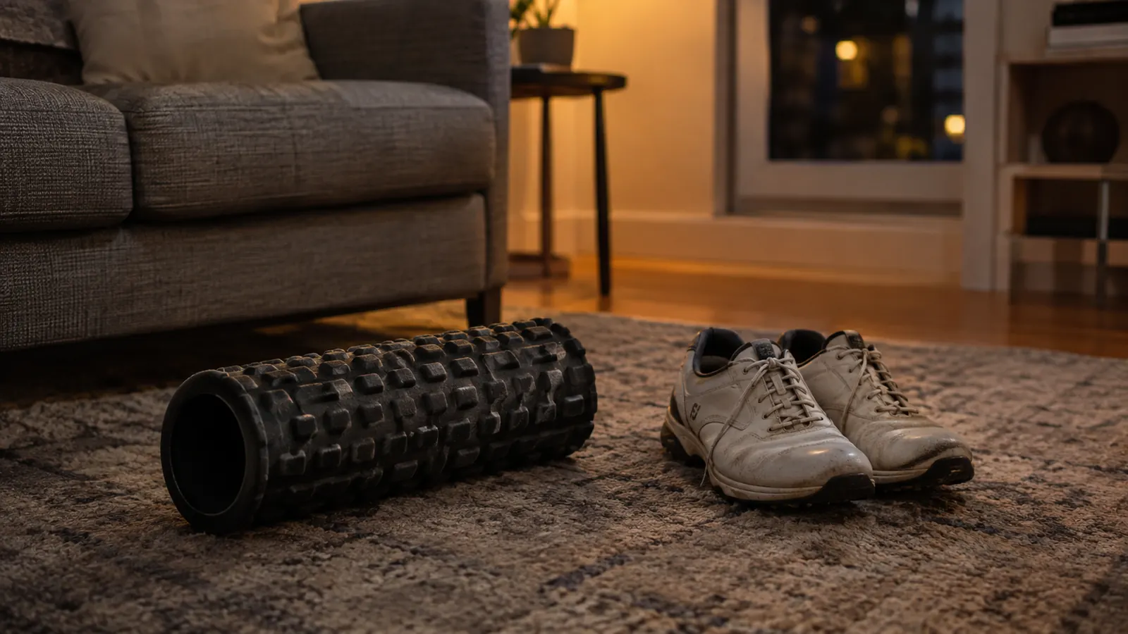 A foam roller resting on a living room rug next to a pair of golf shoes, low evening light