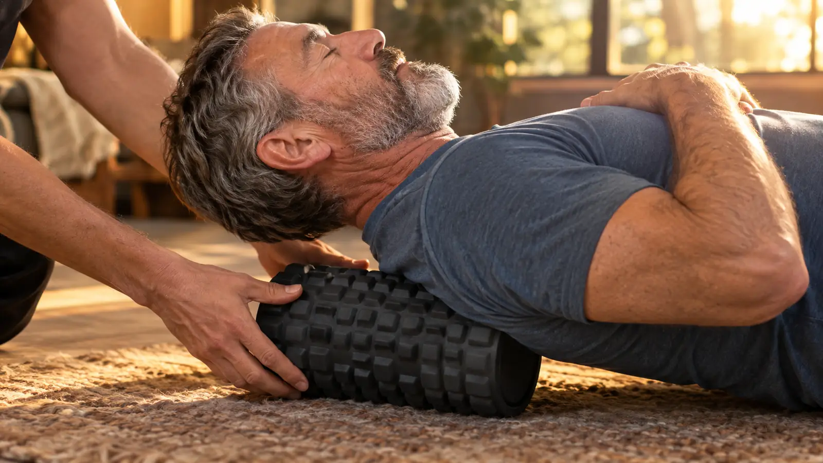 Close-up of hands guiding a firm grid-textured foam roller beneath the upper back of a man lying on a rug.