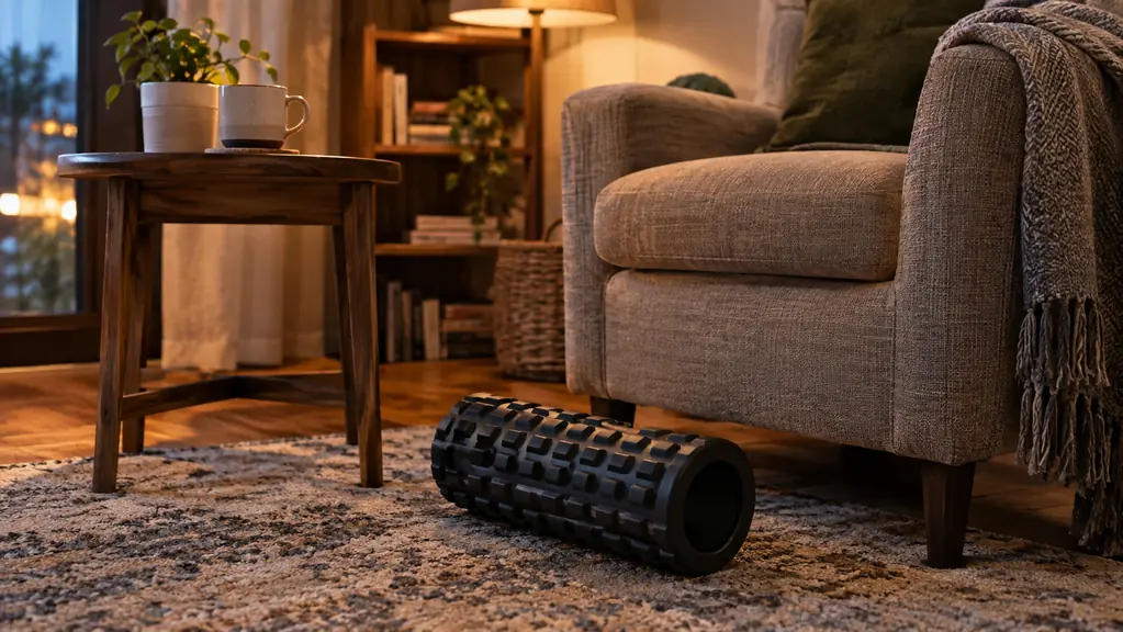 A firm foam roller rests on a living-room rug beside an armchair, with a coffee mug on the side table nearby.