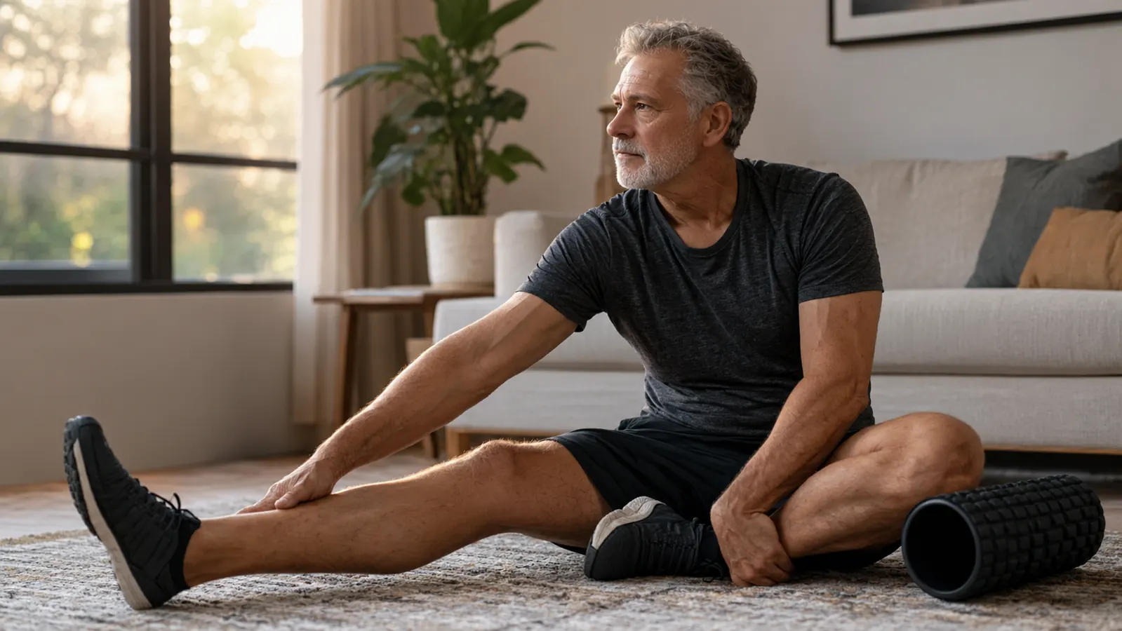 A man in his sixties stretching on a living room rug after a foam rolling session, a foam roller resting on the rug beside him, soft evening light
